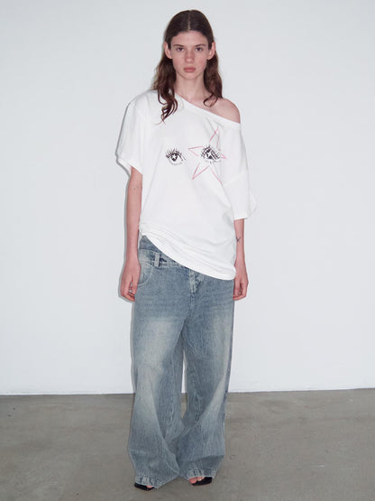 Delivery Oversized Drop Shoulder White T-shirt With Starry Eye Print