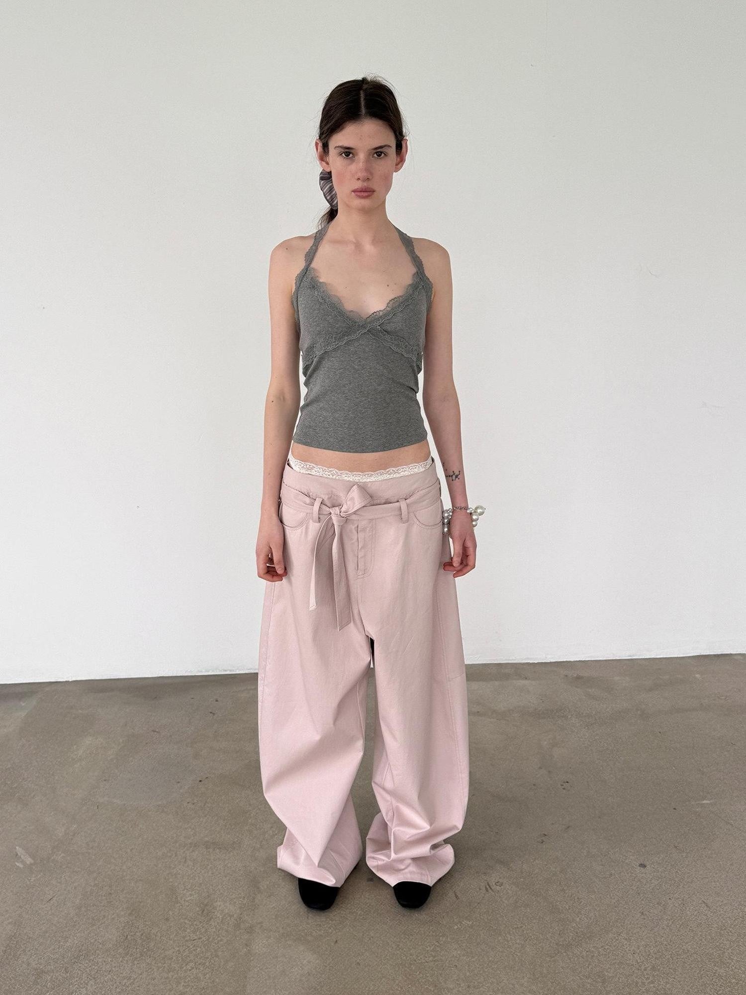 Delivery Pink Belted Tie Waist Curved Cut Women&