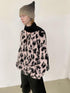 Delivery Pink Black Leopard Jacquard Brushed Plush Crewneck Women&