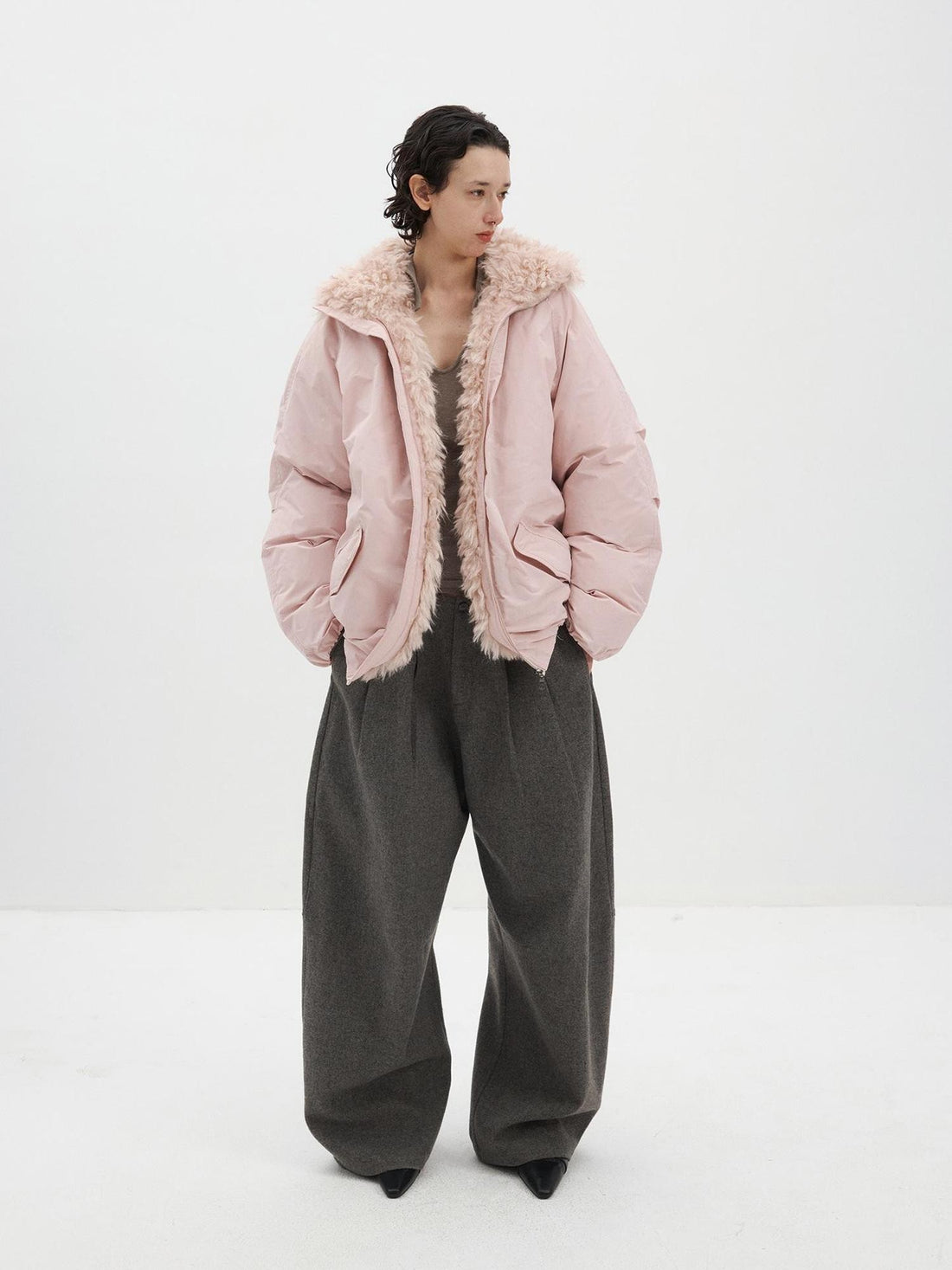 Delivery Pink Faux Fur Collar Stand Collar Loose Fit Women&