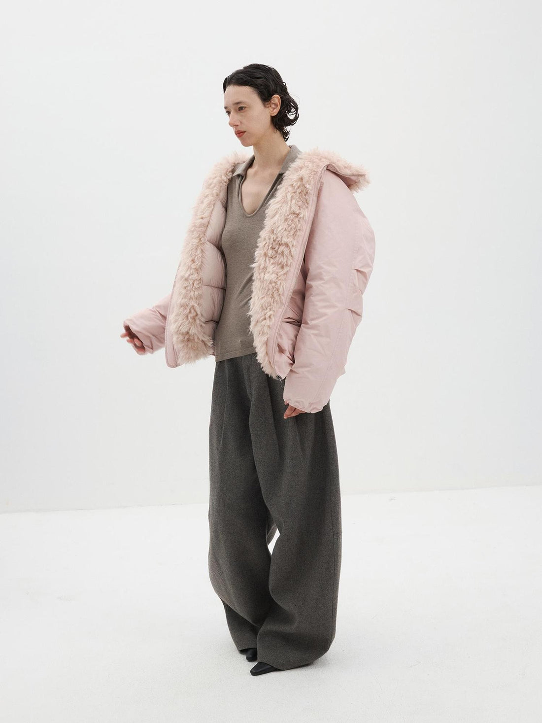 Delivery Pink Faux Fur Collar Stand Collar Loose Fit Women&