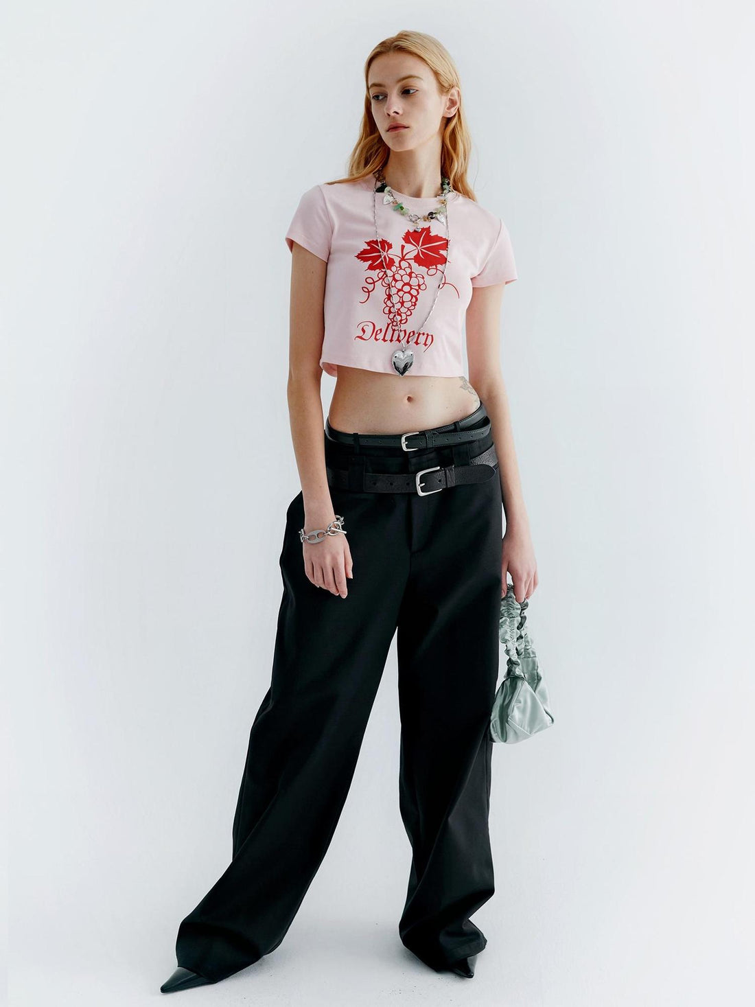 Delivery Pink Grape Print Crop Tee Y2K Fitted Cotton Top