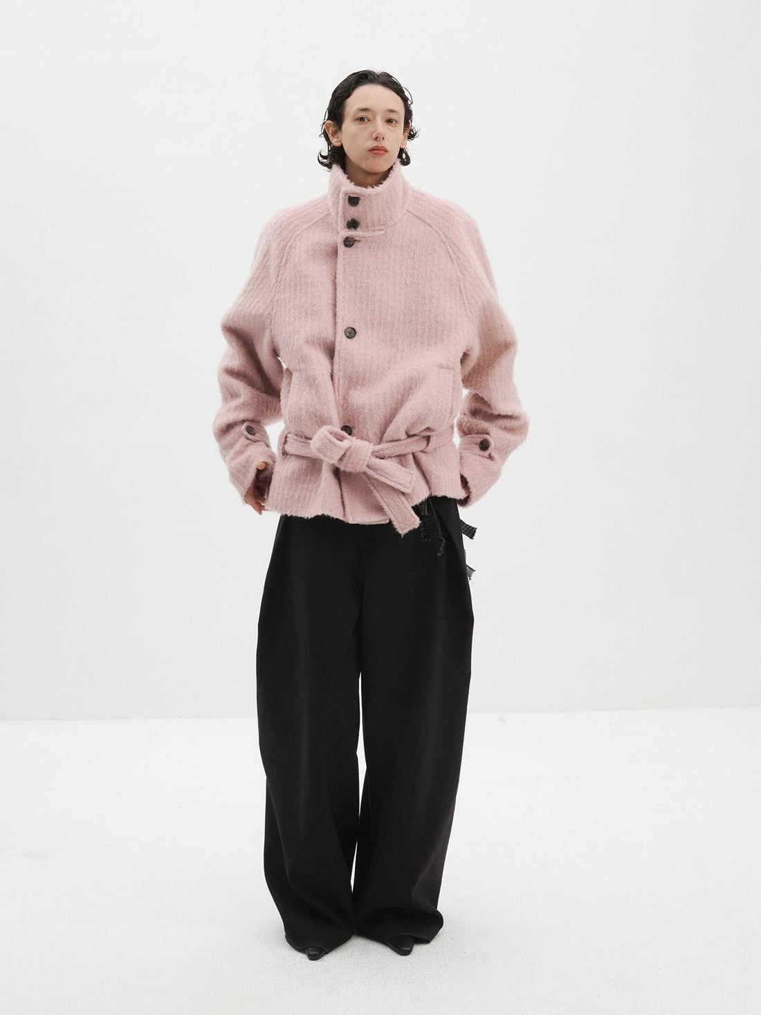 Delivery Pink Wool Blend Lace Up Stand Collar Loose Fit Women&