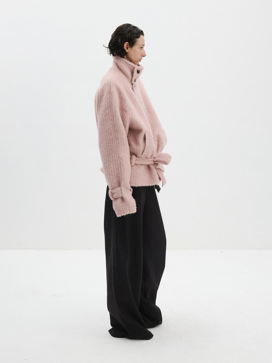 Delivery Pink Wool Blend Lace Up Stand Collar Loose Fit Women&