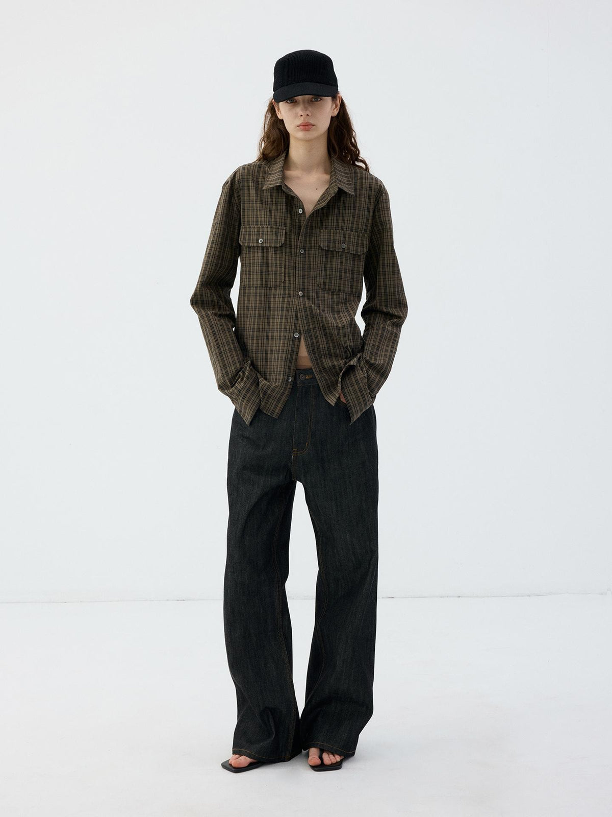 Delivery Plaid Check Straight Fit Long Sleeve Round Neck Cotton Women&