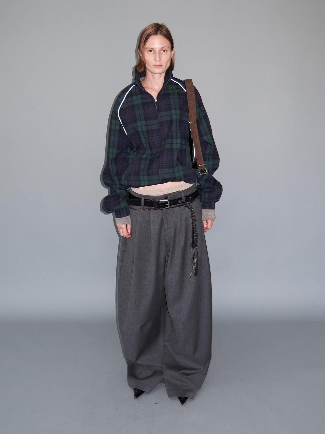 Delivery Plaid Stand Collar Zip Raglan Sleeve Loose Fit Cotton Women&