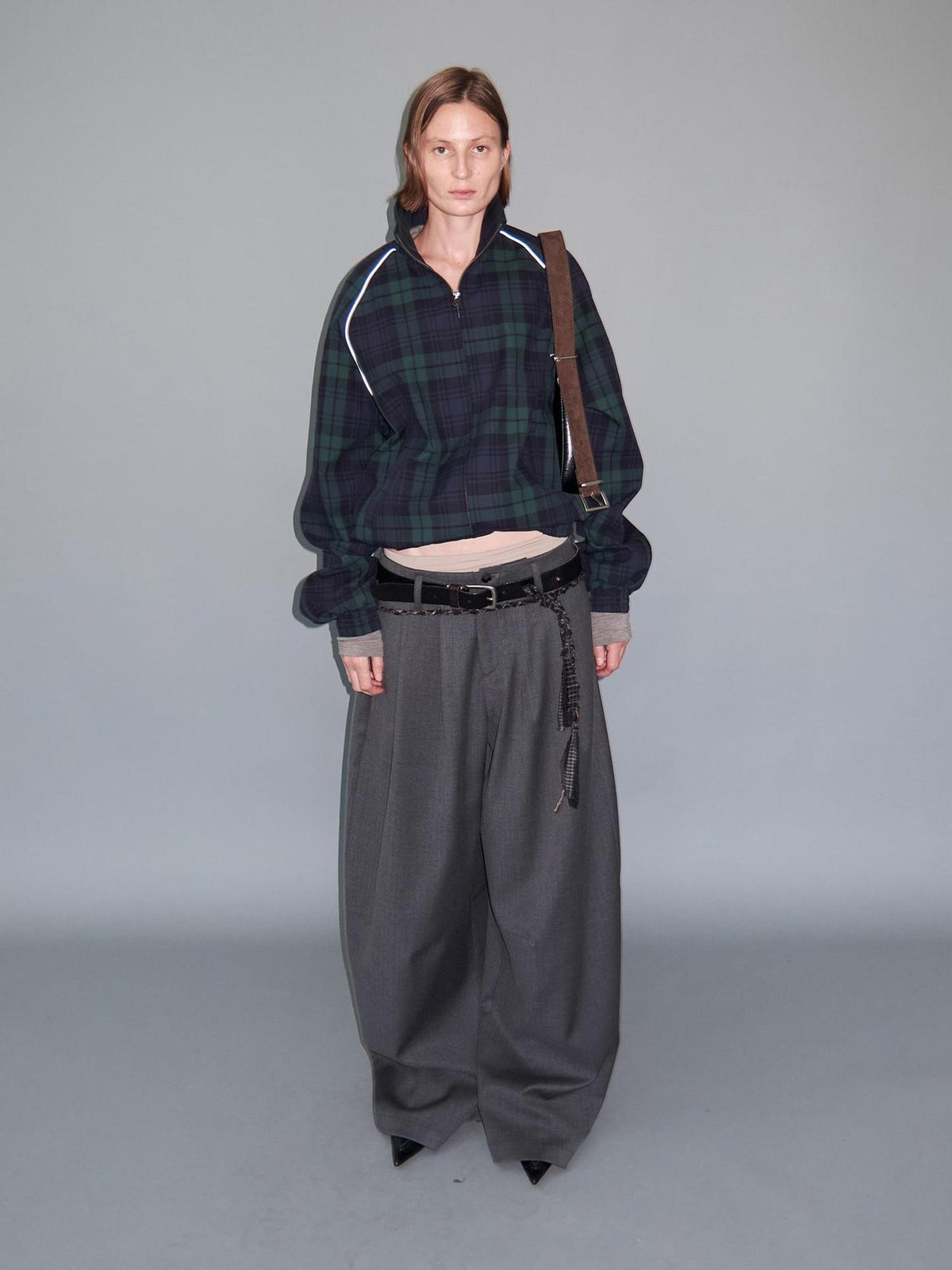 Delivery Plaid Stand Collar Zip Raglan Sleeve Loose Fit Cotton Women&