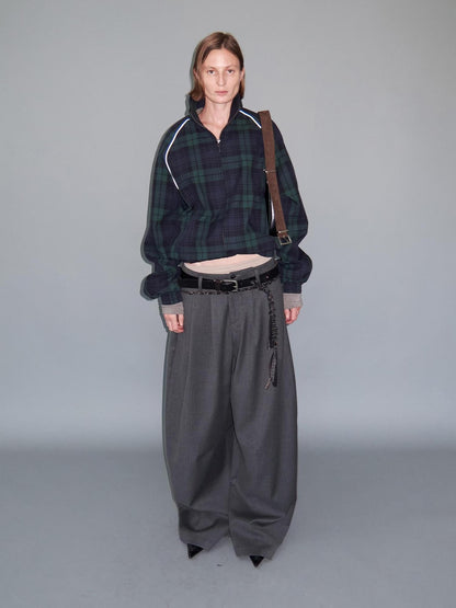 Delivery Plaid Stand Collar Zip Raglan Sleeve Loose Fit Cotton Women&