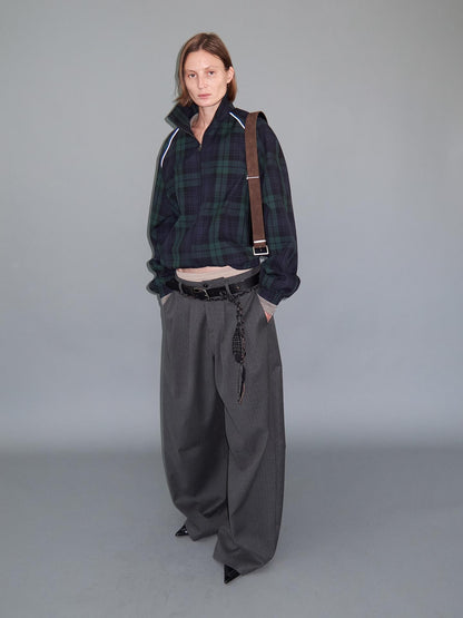 Delivery Plaid Stand Collar Zip Raglan Sleeve Loose Fit Cotton Women&
