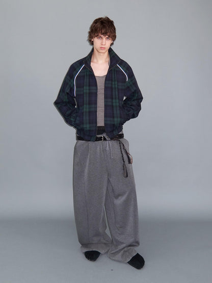 Delivery Plaid Stand Collar Zip Raglan Sleeve Loose Fit Cotton Women&