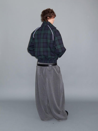 Delivery Plaid Stand Collar Zip Raglan Sleeve Loose Fit Cotton Women&