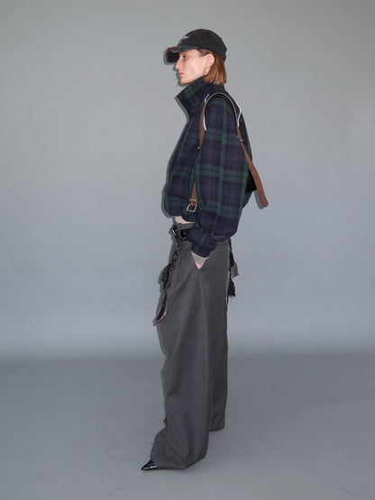Delivery Plaid Stand Collar Zip Raglan Sleeve Loose Fit Cotton Women&