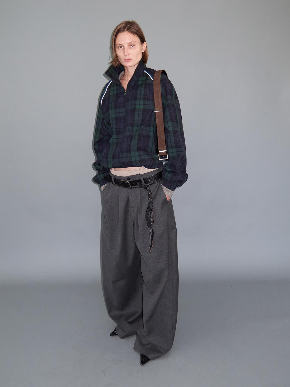 Delivery Plaid Stand Collar Zip Raglan Sleeve Loose Fit Cotton Women&