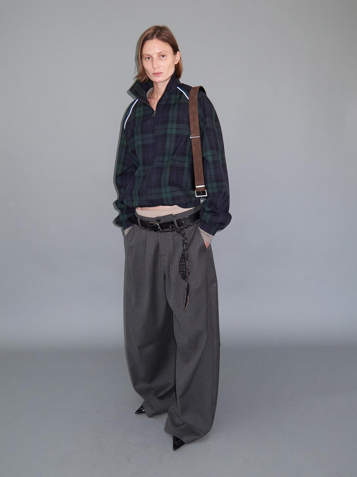 Delivery Plaid Stand Collar Zip Raglan Sleeve Loose Fit Cotton Women&