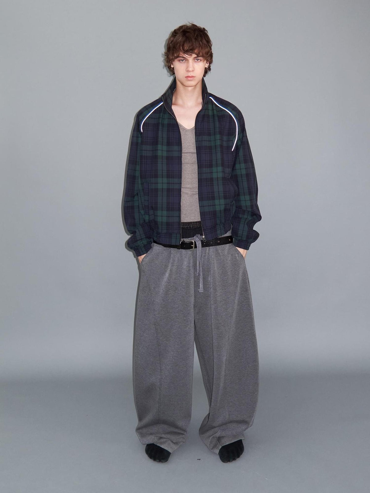 Delivery Plaid Stand Collar Zip Raglan Sleeve Loose Fit Cotton Women&