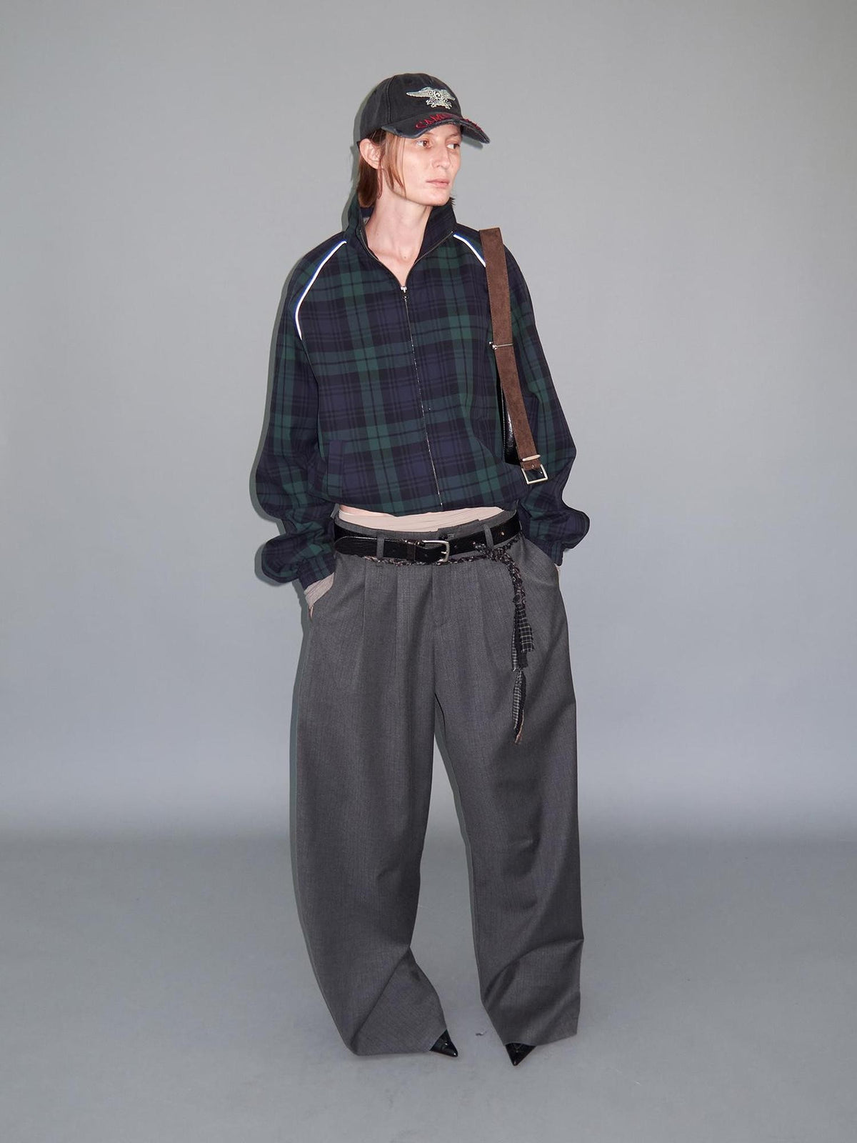 Delivery Plaid Stand Collar Zip Raglan Sleeve Loose Fit Cotton Women&