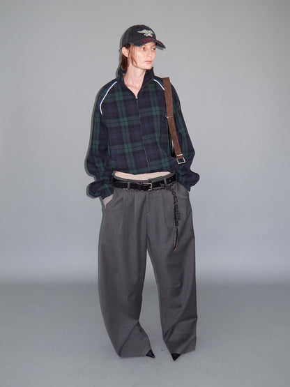 Delivery Plaid Stand Collar Zip Raglan Sleeve Loose Fit Cotton Women&