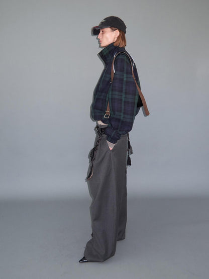 Delivery Plaid Stand Collar Zip Raglan Sleeve Loose Fit Cotton Women&
