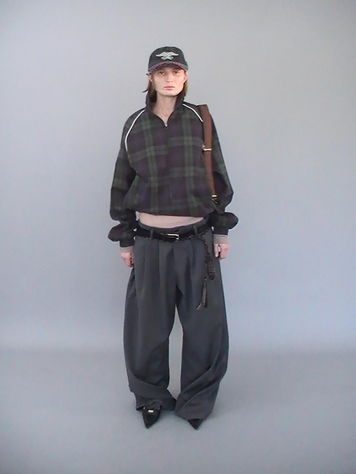 Delivery Plaid Stand Collar Zip Raglan Sleeve Loose Fit Cotton Women&