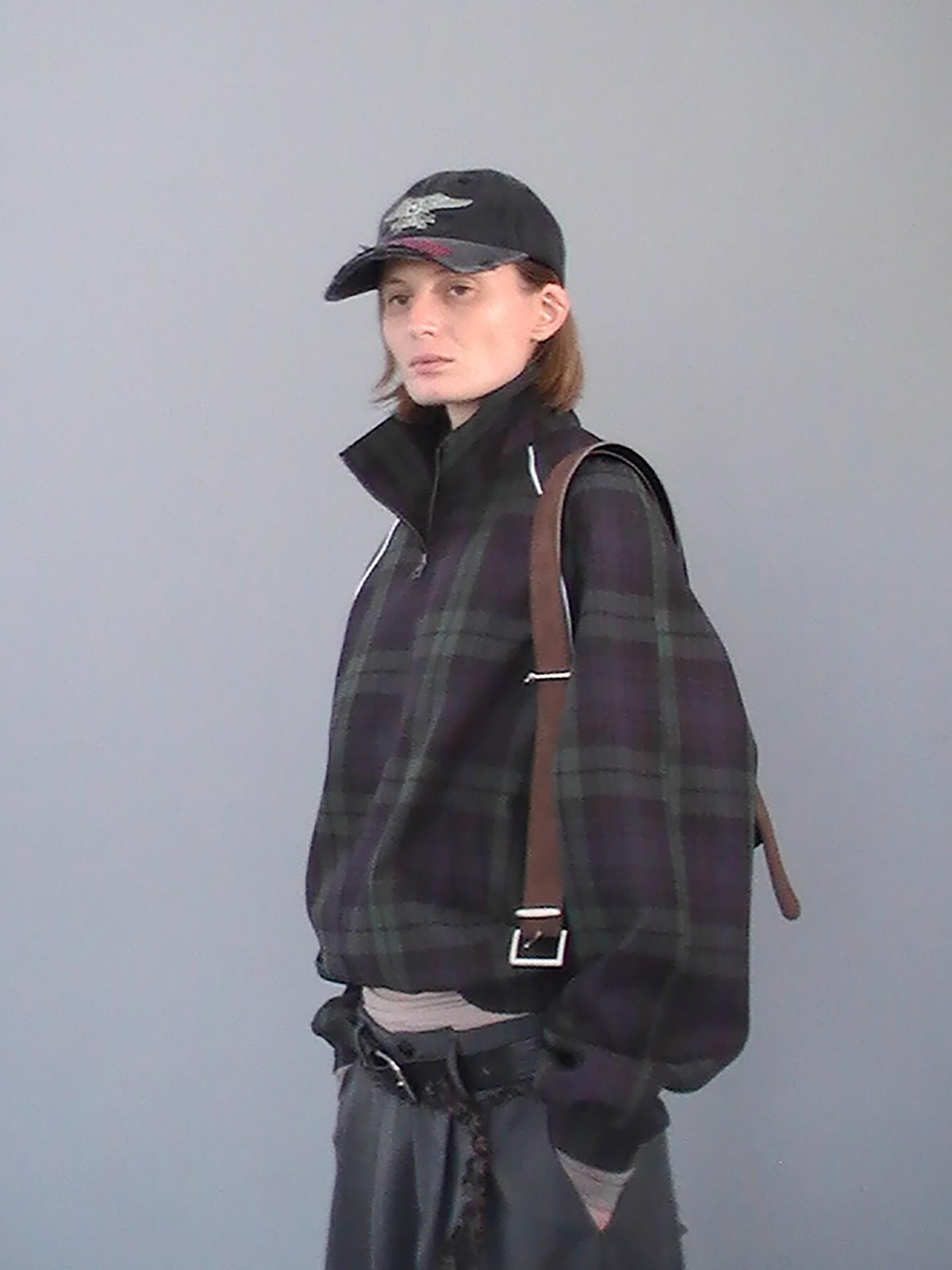 Delivery Plaid Stand Collar Zip Raglan Sleeve Loose Fit Cotton Women&