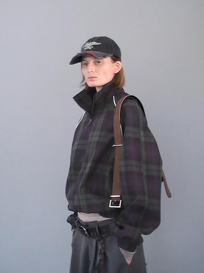 Delivery Plaid Stand Collar Zip Raglan Sleeve Loose Fit Cotton Women&