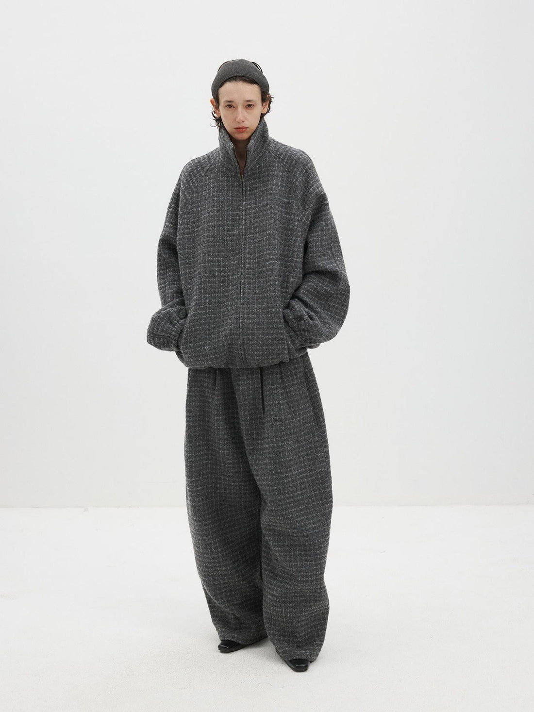 Delivery Plaid Wool Quilted Zip Jacket Double Pleat Women&