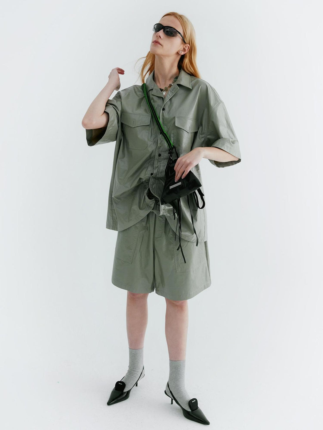 Delivery Pu Leather Shorts In Soft Pastel Green Black