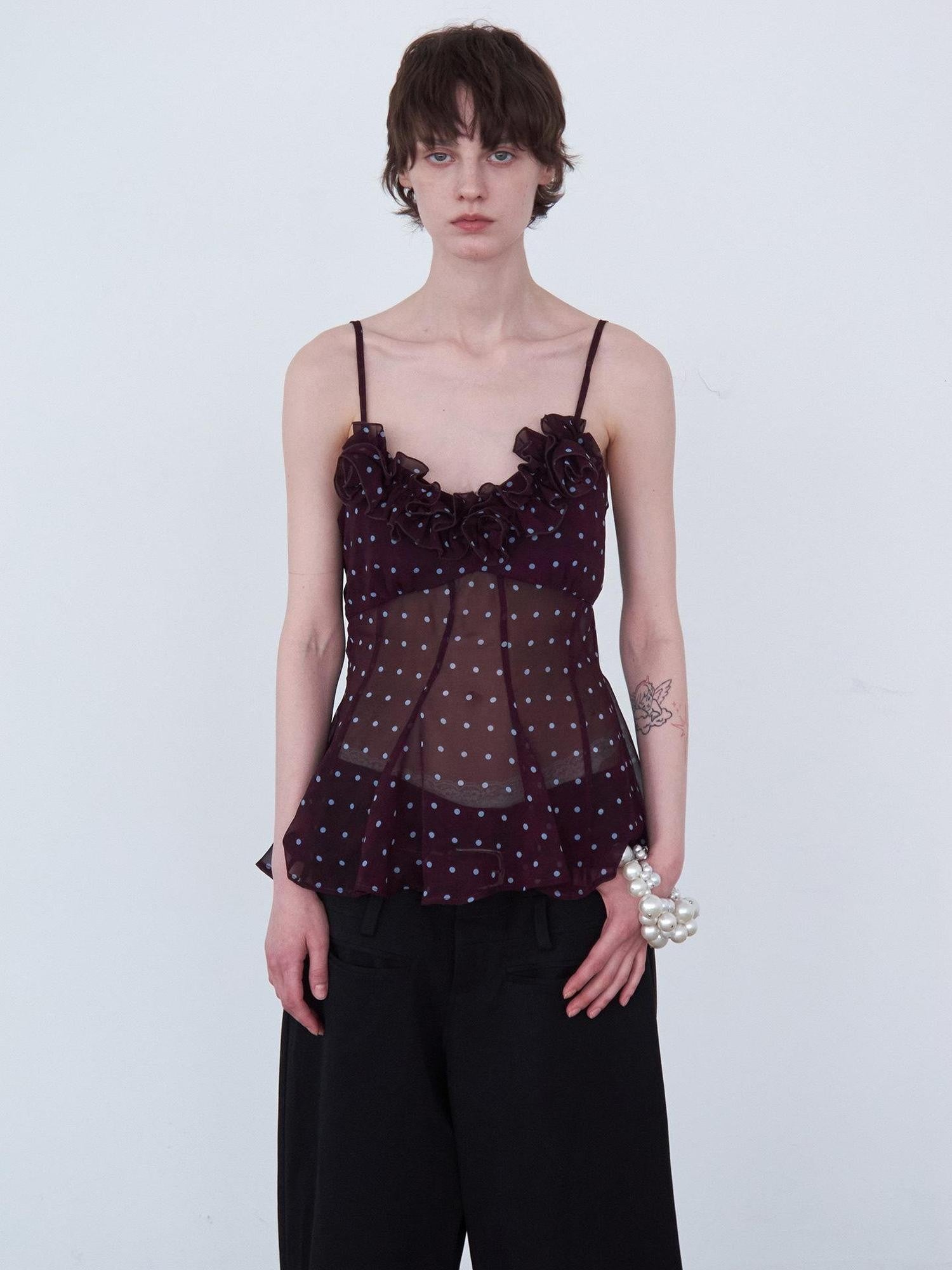 Delivery Purple Polka Dot 3d Floral Lace V-neck Asymmetric Hem Women&