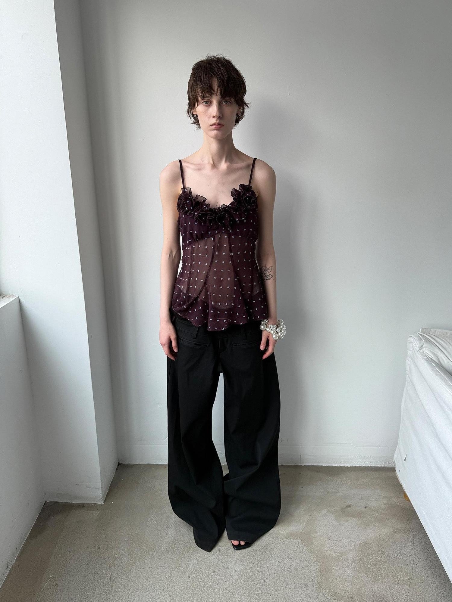 Delivery Purple Polka Dot 3d Floral Lace V-neck Asymmetric Hem Women&