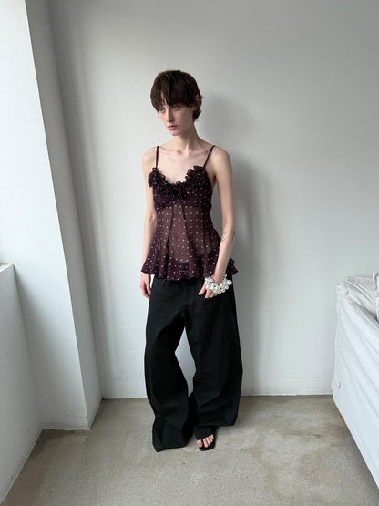 Delivery Purple Polka Dot 3d Floral Lace V-neck Asymmetric Hem Women&