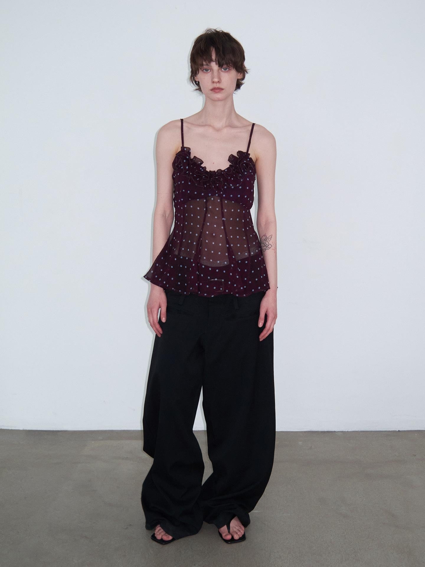 Delivery Purple Polka Dot 3d Floral Lace V-neck Asymmetric Hem Women&