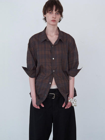 Delivery Red Plaid Hand Rolled Three Quarter Sleeve Relaxed Fit Women&