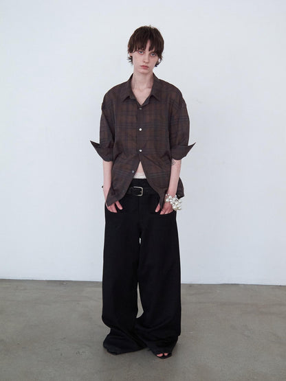 Delivery Red Plaid Hand Rolled Three Quarter Sleeve Relaxed Fit Women&