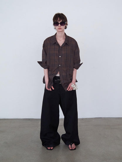 Delivery Red Plaid Hand Rolled Three Quarter Sleeve Relaxed Fit Women&