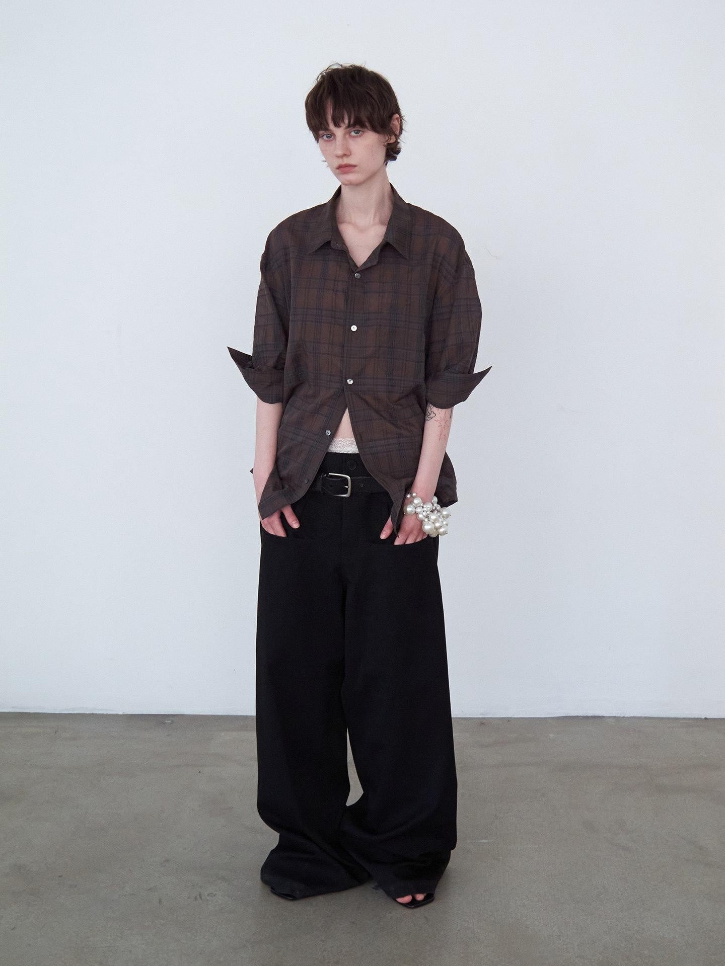 Delivery Red Plaid Hand Rolled Three Quarter Sleeve Relaxed Fit Women&
