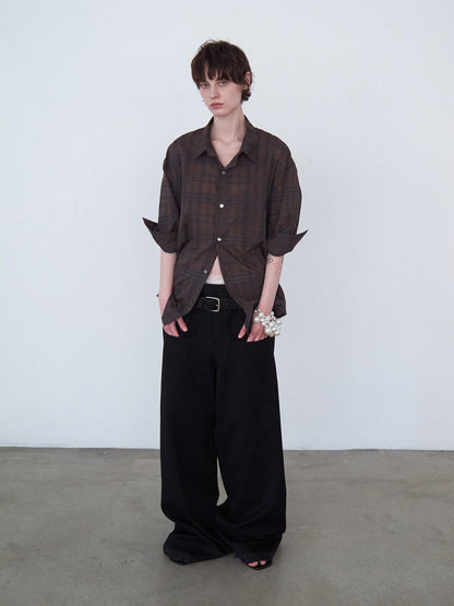 Delivery Red Plaid Hand Rolled Three Quarter Sleeve Relaxed Fit Women&
