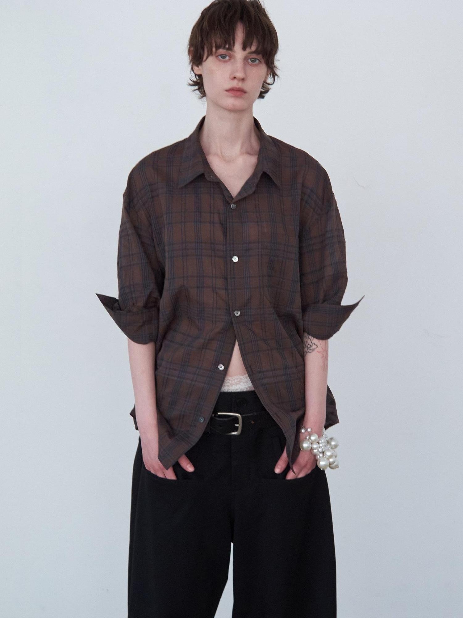 Delivery Red Plaid Hand Rolled Three Quarter Sleeve Relaxed Fit Women&