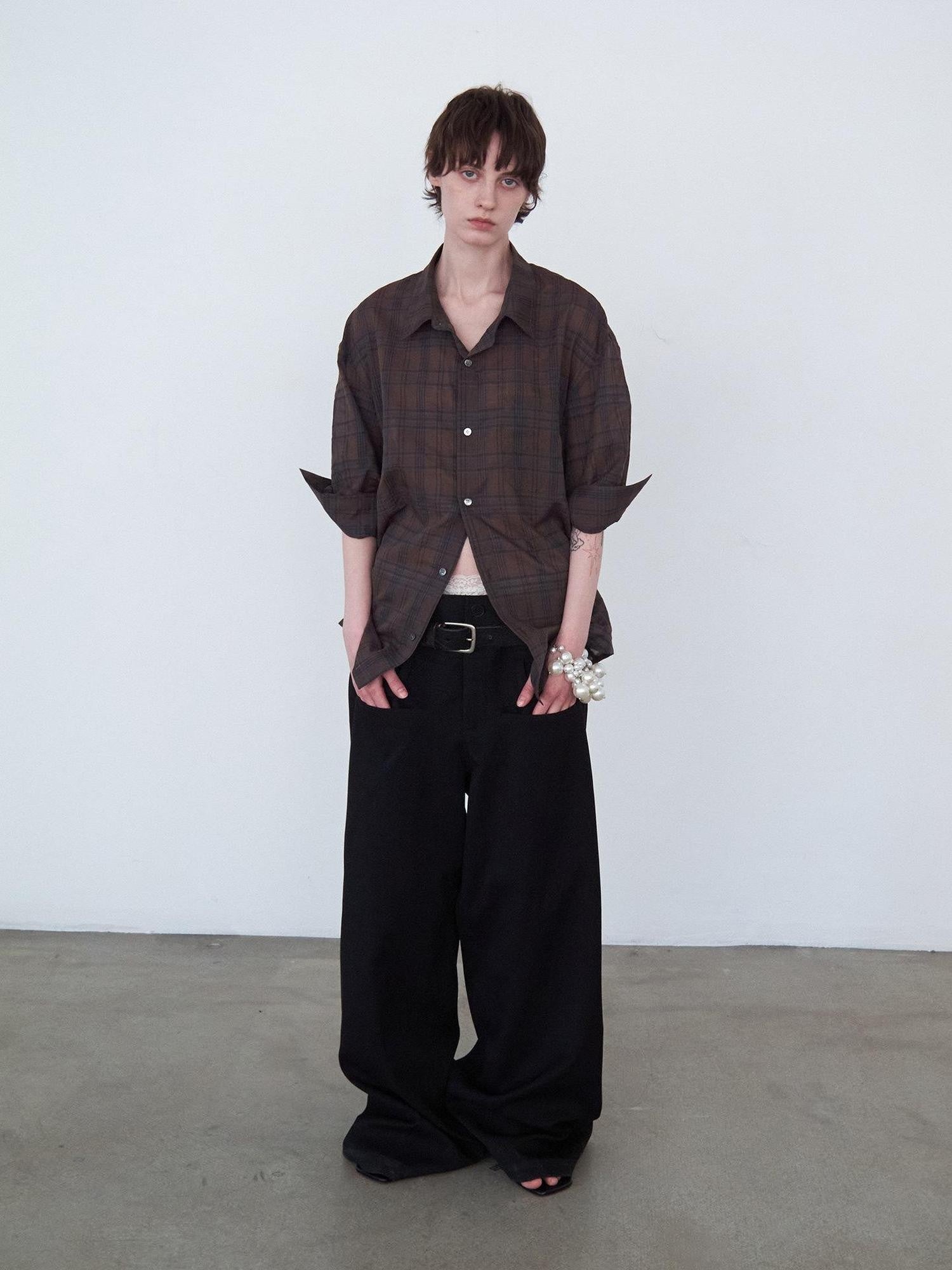 Delivery Red Plaid Hand Rolled Three Quarter Sleeve Relaxed Fit Women&