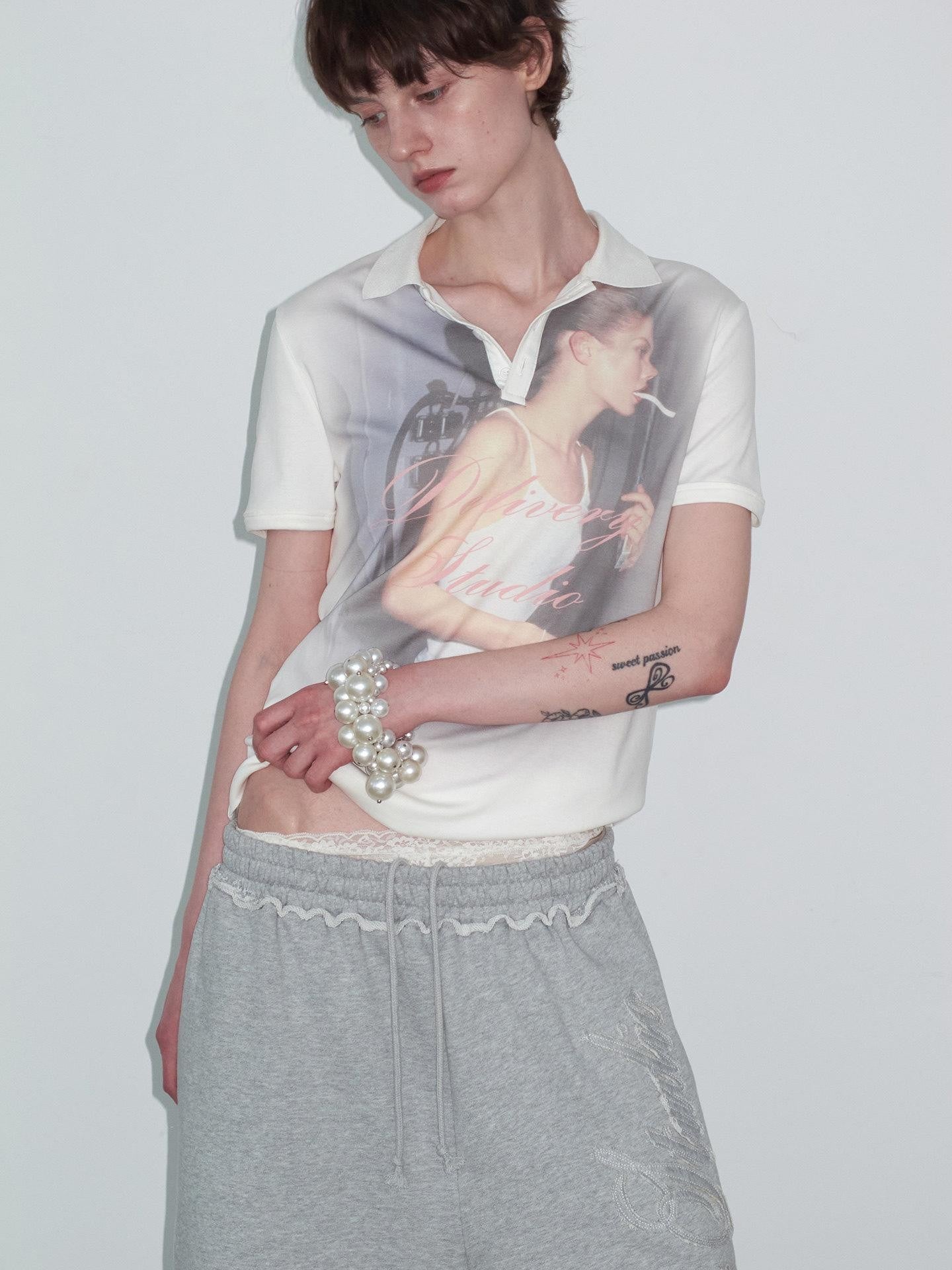Delivery Retro Portrait Print Polo Collar Straight Women&