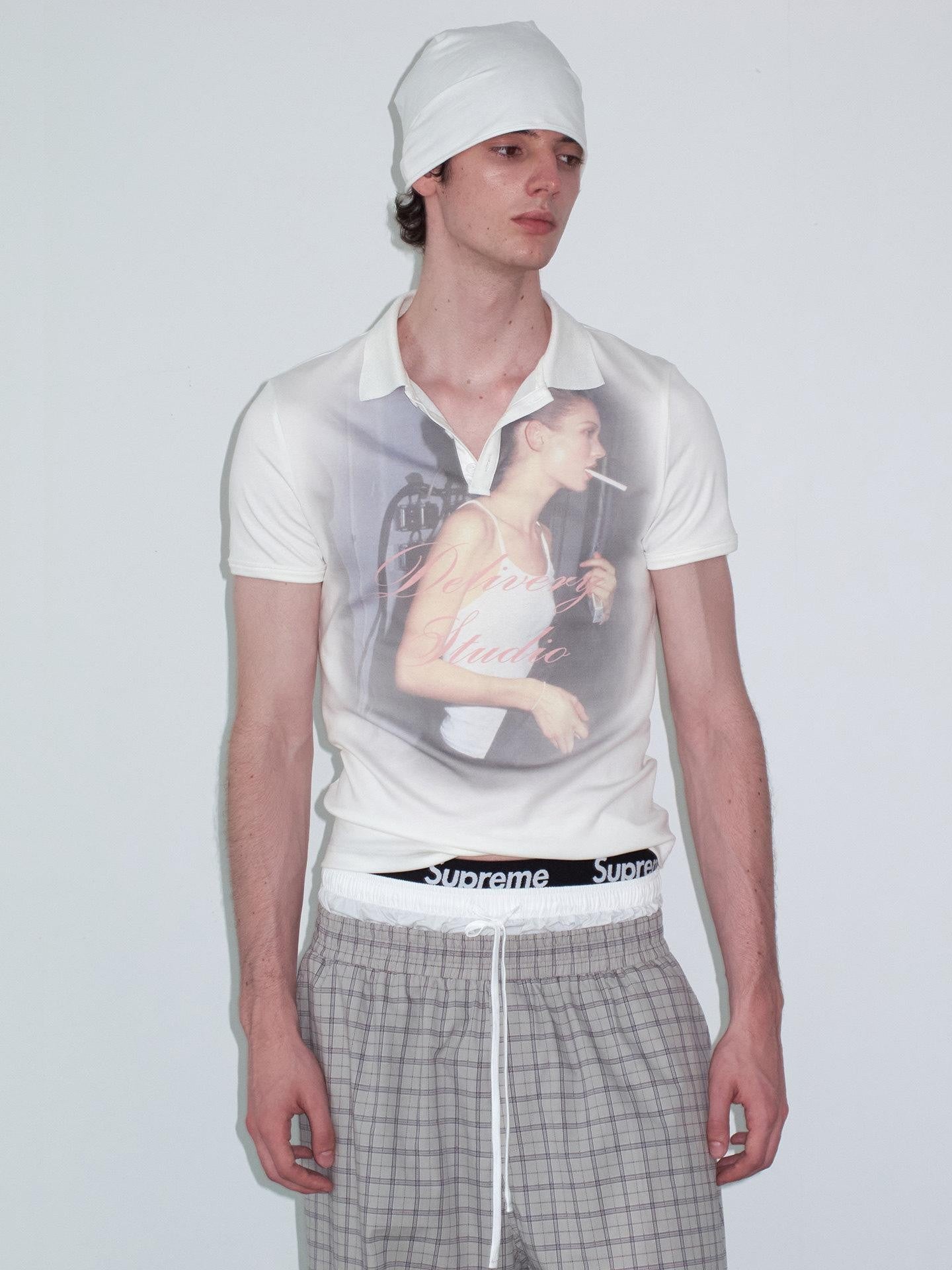 Delivery Retro Portrait Print Polo Collar Straight Women&