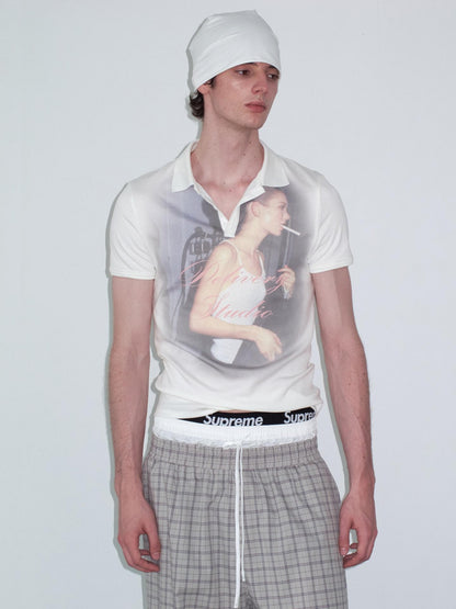 Delivery Retro Portrait Print Polo Collar Straight Women&