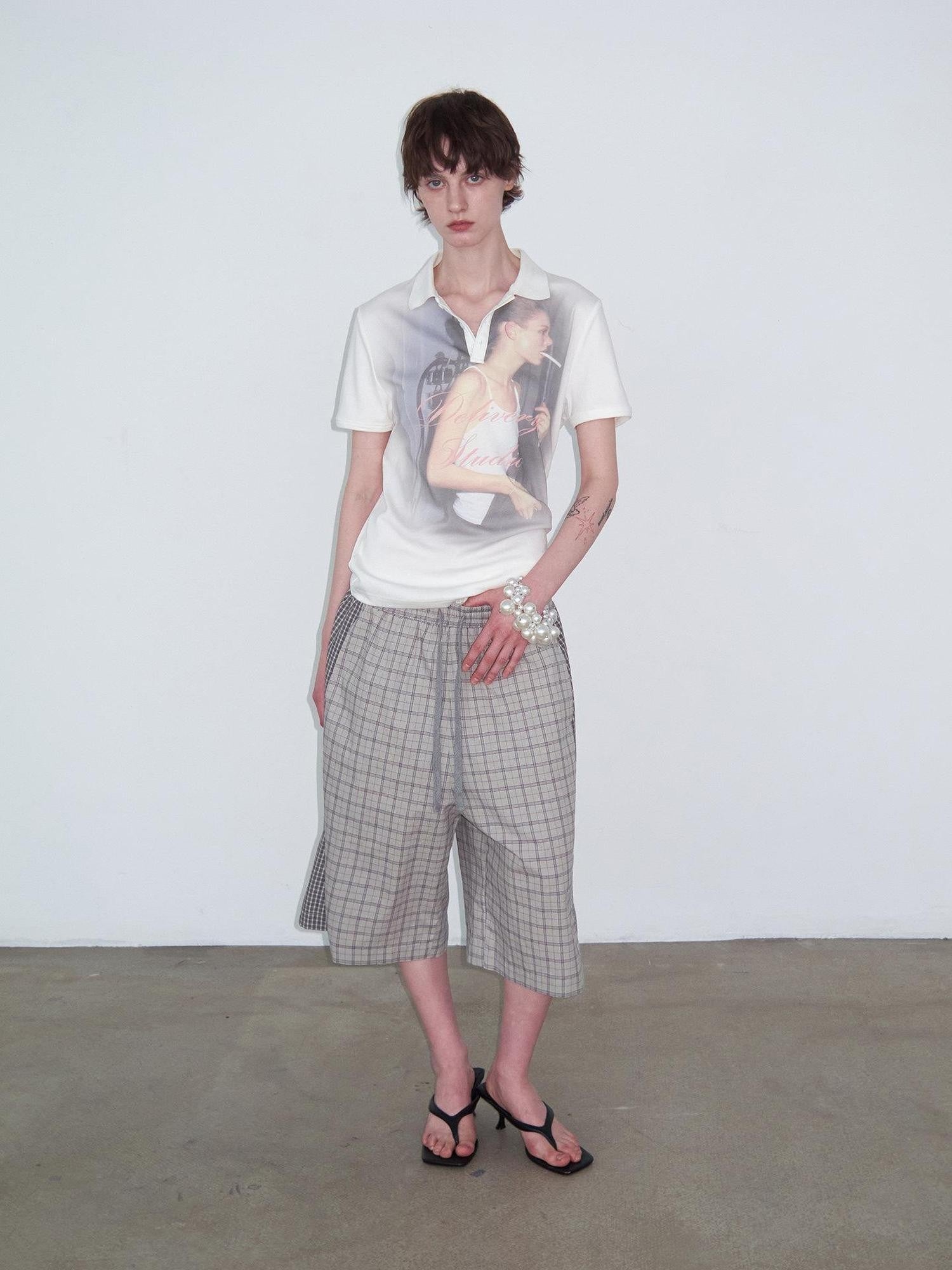 Delivery Retro Portrait Print Polo Collar Straight Women&