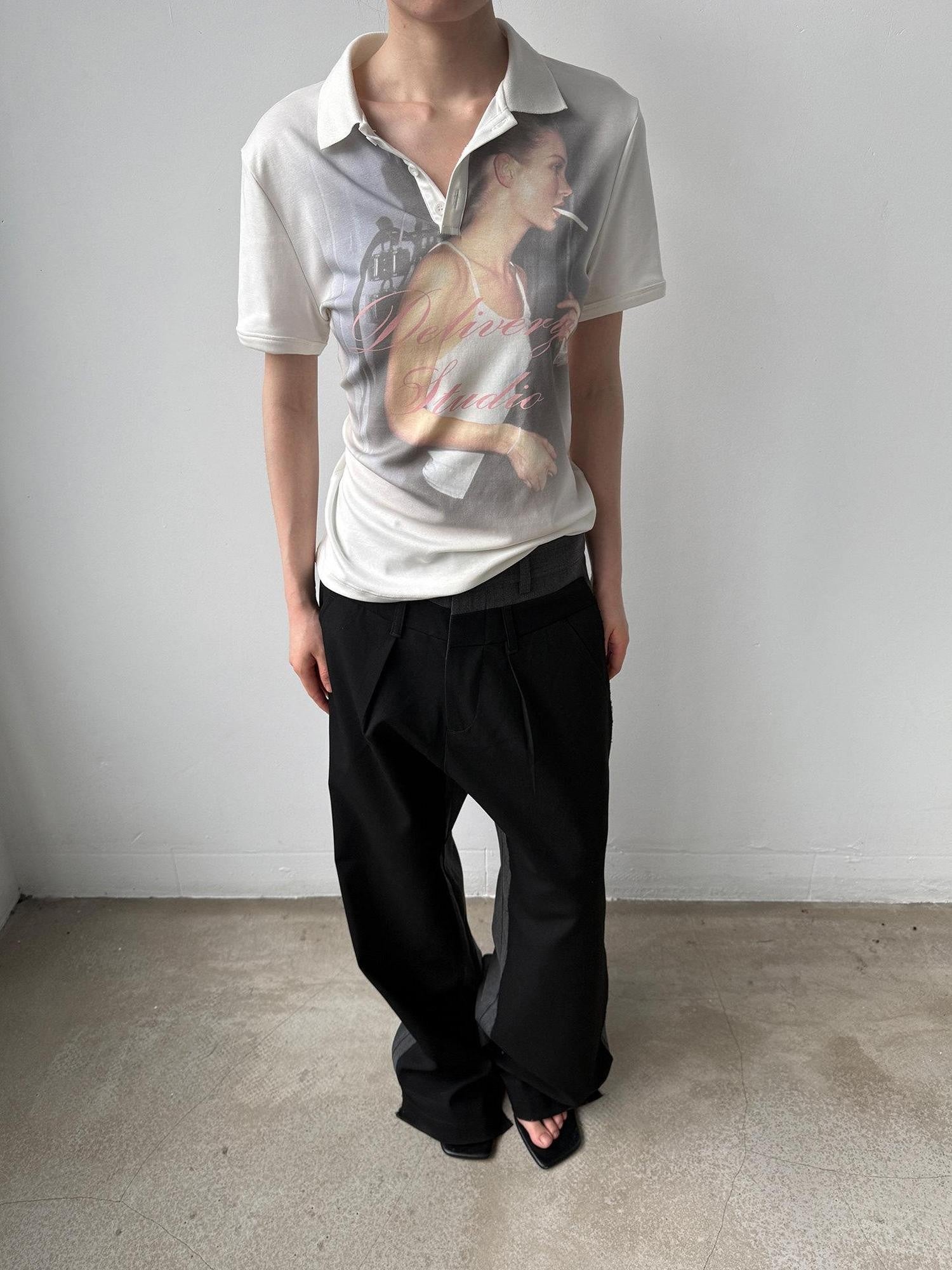 Delivery Retro Portrait Print Polo Collar Straight Women&
