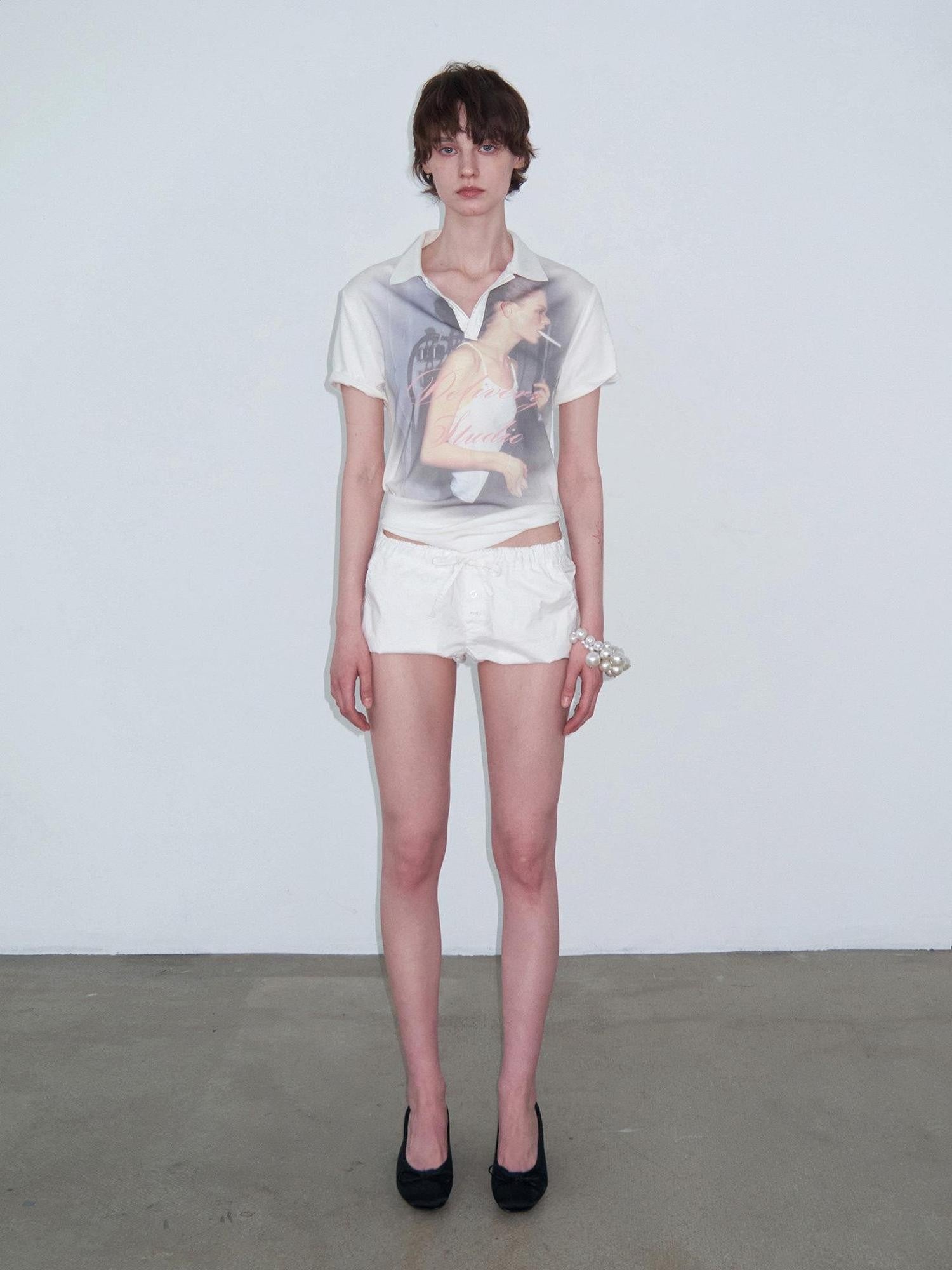 Delivery Retro Portrait Print Polo Collar Straight Women&