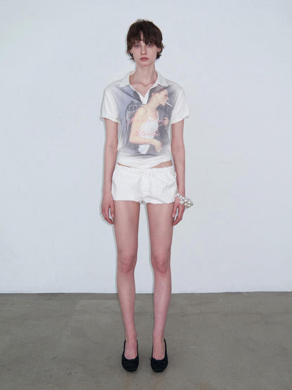 Delivery Retro Portrait Print Polo Collar Straight Women&
