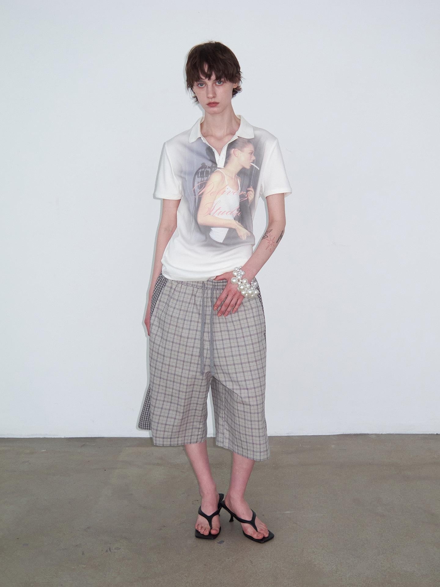 Delivery Retro Portrait Print Polo Collar Straight Women&