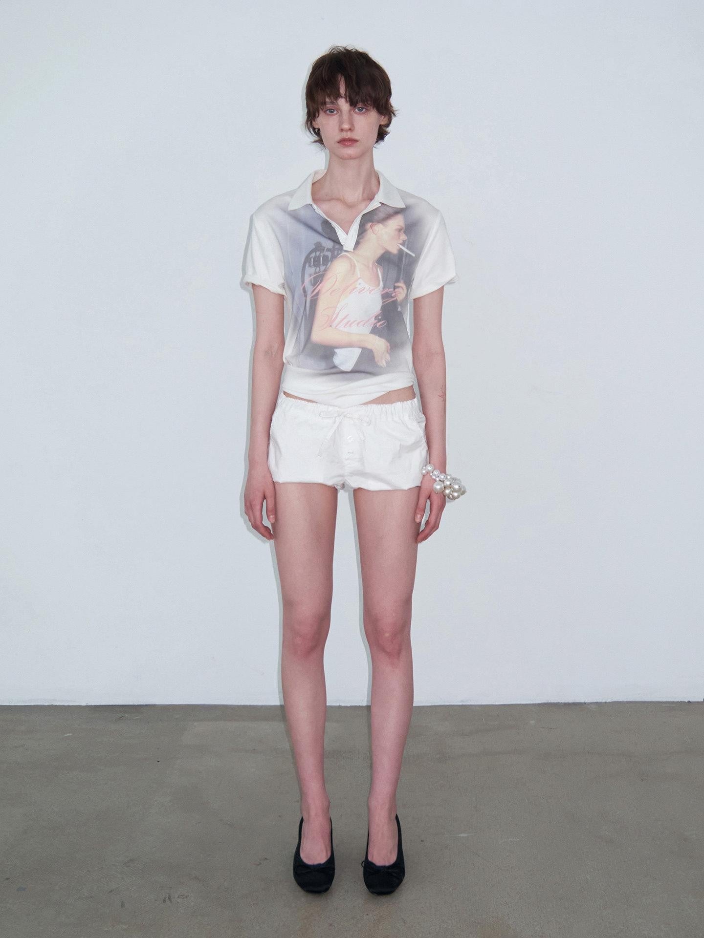 Delivery Retro Portrait Print Polo Collar Straight Women&