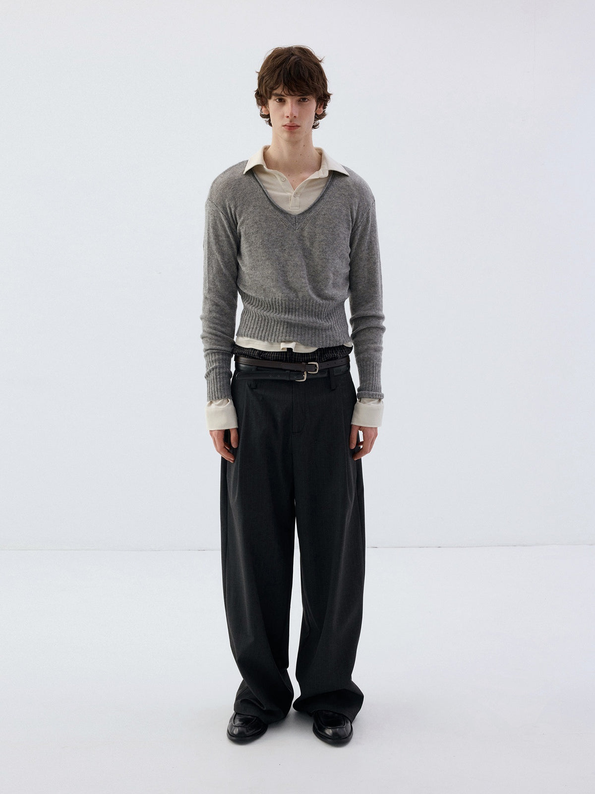 Delivery_Rolled_Hem_V-neck_Wide_Rib_Waist_Cinched_Knit_Women&