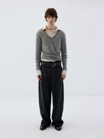 Delivery Rolled Hem V-neck Wide Rib Waist Cinched Knit Women&