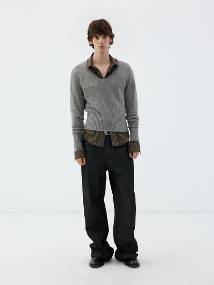 Delivery Rolled Hem V-neck Wide Rib Waist Cinched Knit Women&